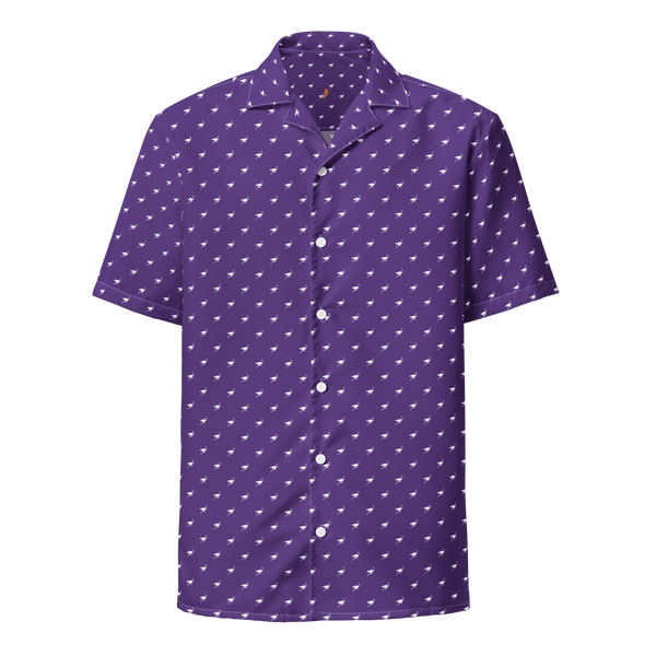 Nostrich purple nostr button shirt, front view: a purple all-over pattern of small white ostriches.