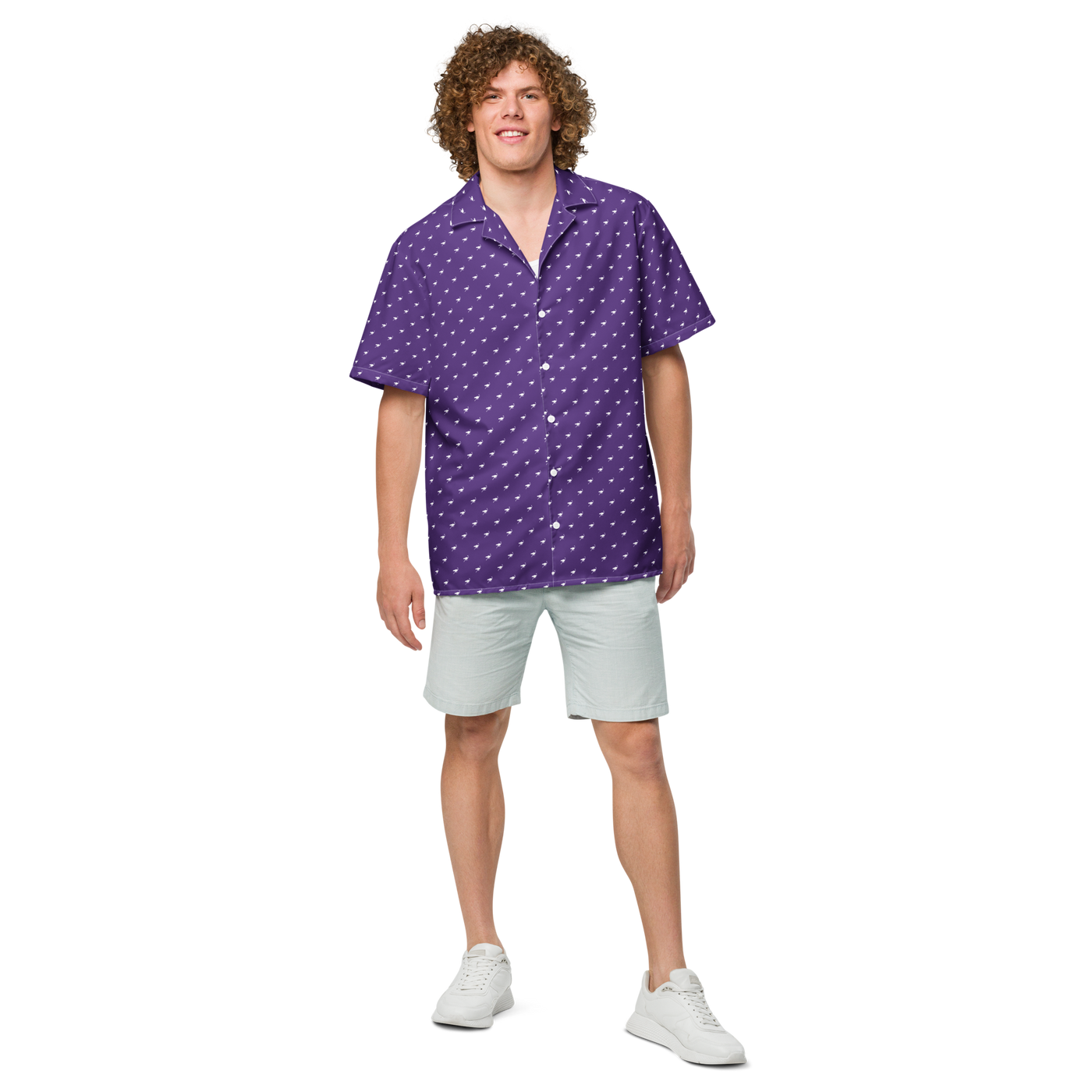 Nostrich purple nostr button shirt, front view: a purple all-over pattern of small white ostriches.