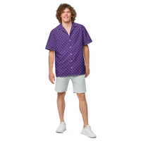 Nostrich purple nostr button shirt, front view: a purple all-over pattern of small white ostriches.