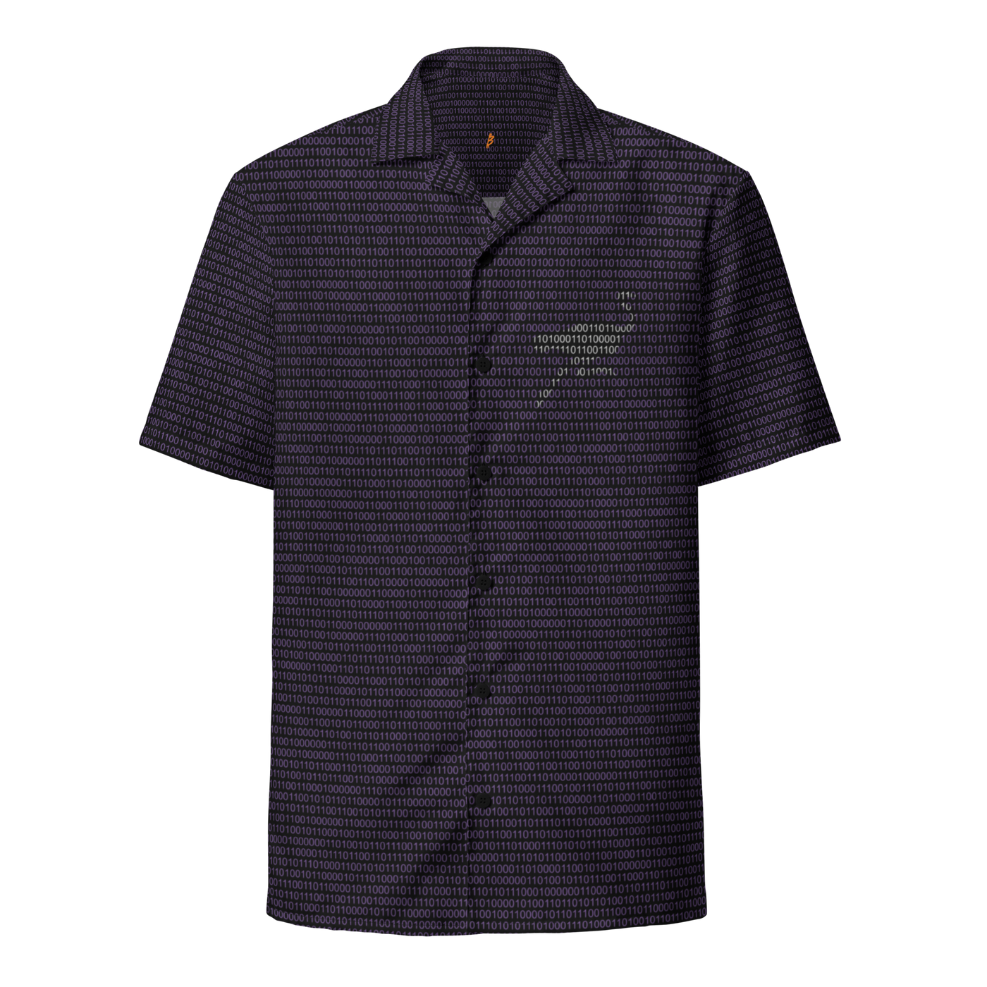 Nostr Binary nostr button shirt, front view: an all-over pattern of purple binary digits on black with a nostr ostrich.
