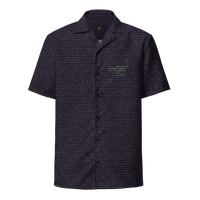 Nostr Binary nostr button shirt, front view: an all-over pattern of purple binary digits on black with a nostr ostrich.