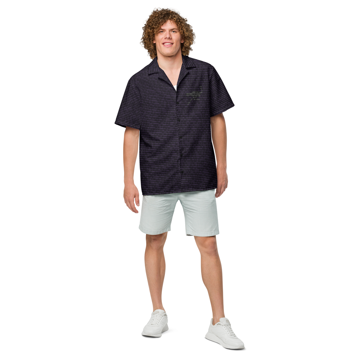 Nostr Binary nostr button shirt, front view: an all-over pattern of purple binary digits on black with a nostr ostrich.