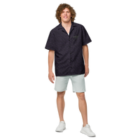 Nostr Binary nostr button shirt, front view: an all-over pattern of purple binary digits on black with a nostr ostrich.