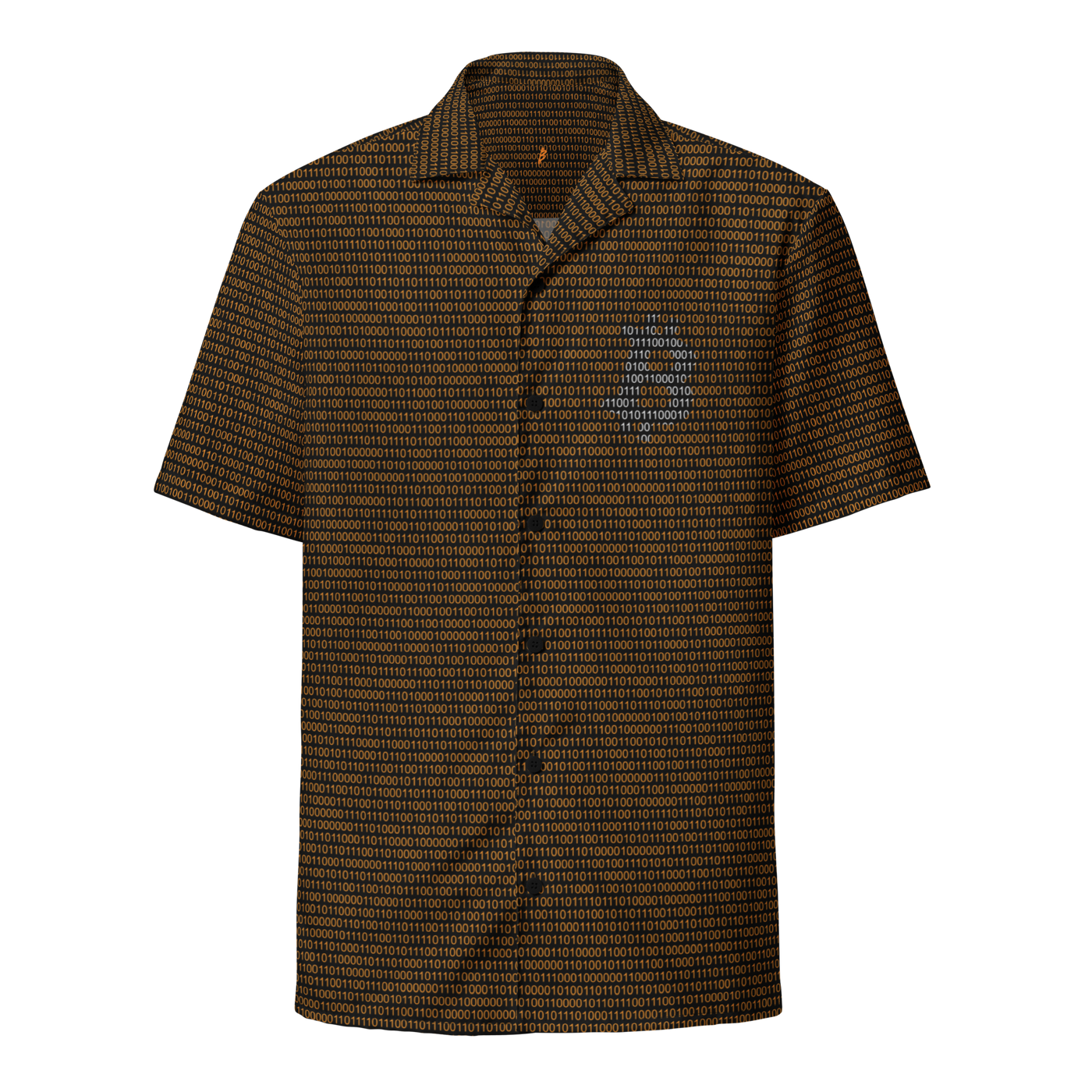 Bitcoin Binary bitcoin button shirt, front view: an all-over pattern of orange and blue binary digits on black.