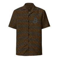 Bitcoin Binary bitcoin button shirt, front view: an all-over pattern of orange and blue binary digits on black.