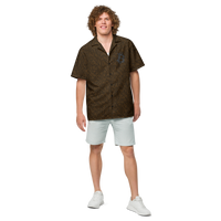 Bitcoin Binary bitcoin button shirt, front view: an all-over pattern of orange and blue binary digits on black.
