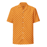 Bitcoin B bitcoin button shirt, front view: an orange all-over pattern of small white bitcoin symbols.