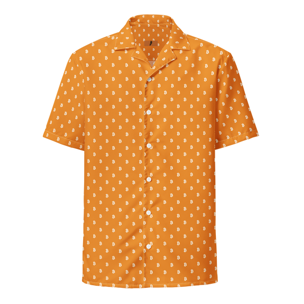 Bitcoin B bitcoin button shirt, front view: an orange all-over pattern of small white bitcoin symbols.