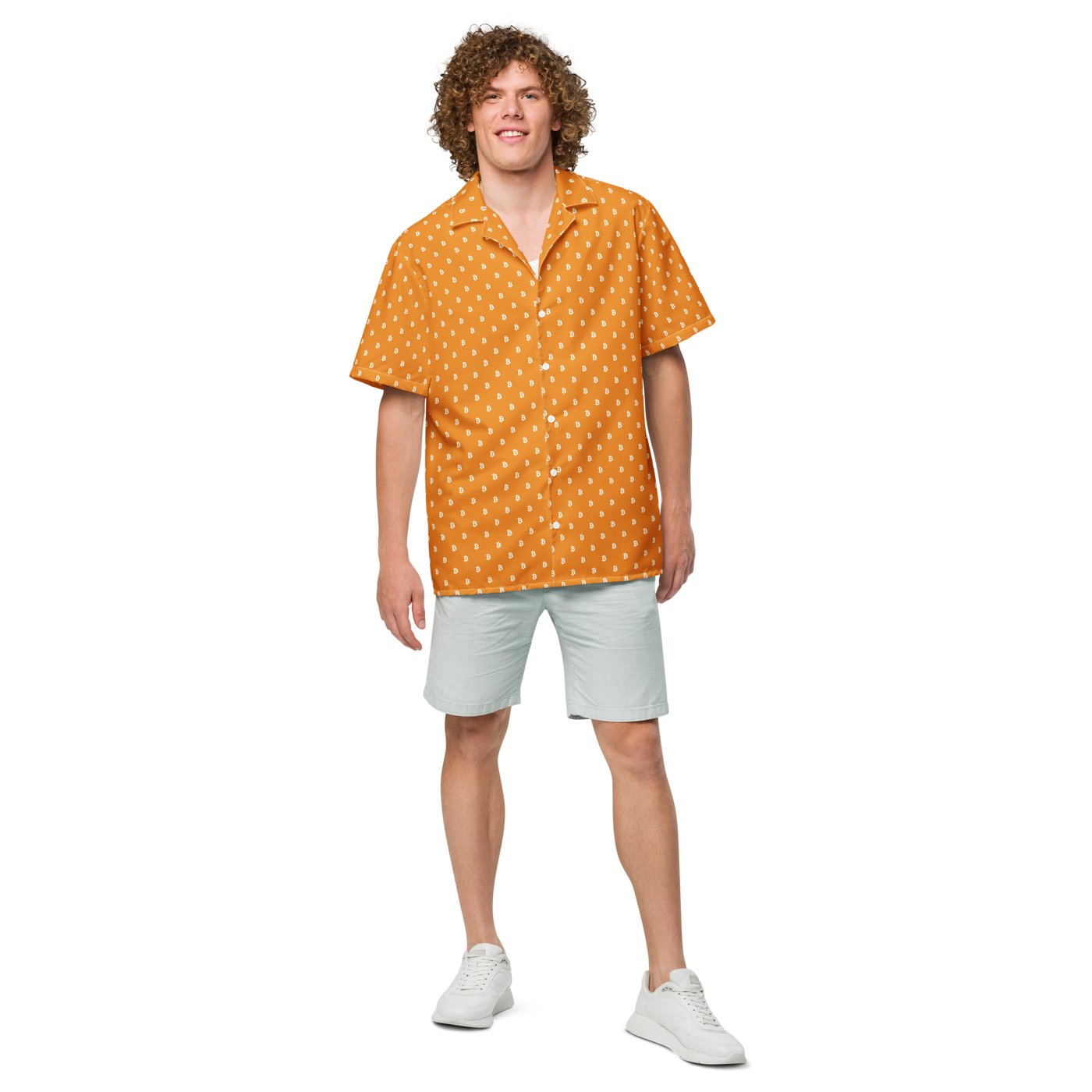 Bitcoin B bitcoin button shirt, front view: an orange all-over pattern of small white bitcoin symbols.
