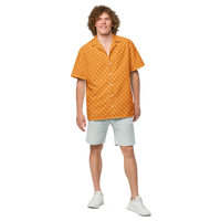Bitcoin B bitcoin button shirt, front view: an orange all-over pattern of small white bitcoin symbols.