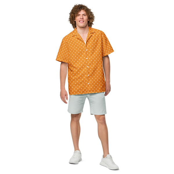 Bitcoin B bitcoin button shirt, front view: an orange all-over pattern of small white bitcoin symbols.