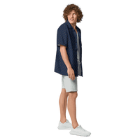 Side view of a man wearing a navy blue bitcoin button shirt.