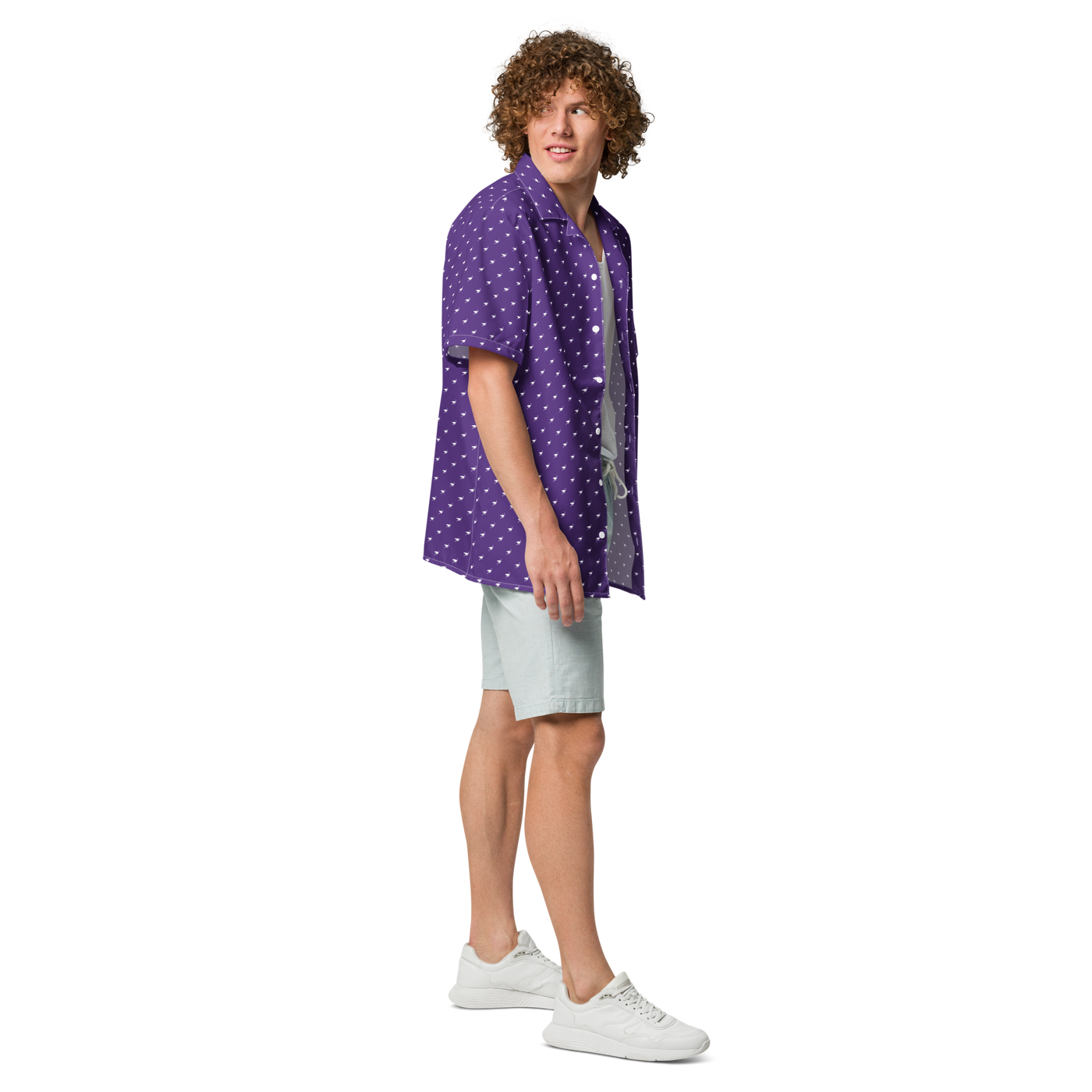 Nostrich purple nostr button shirt, right side view: a purple all-over pattern of small white ostriches.
