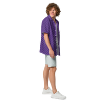 Nostrich purple nostr button shirt, right side view: a purple all-over pattern of small white ostriches.