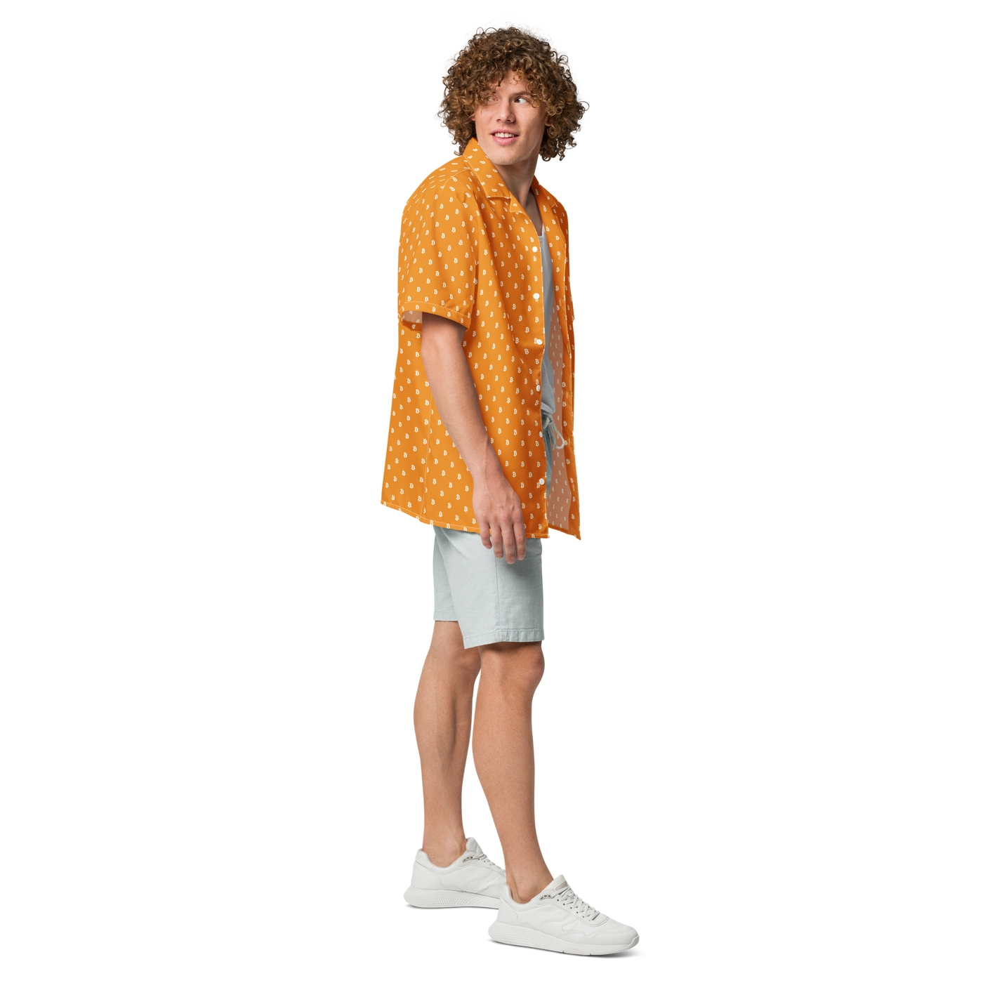 Bitcoin B bitcoin button shirt, right side view: an orange all-over pattern of small white bitcoin symbols.