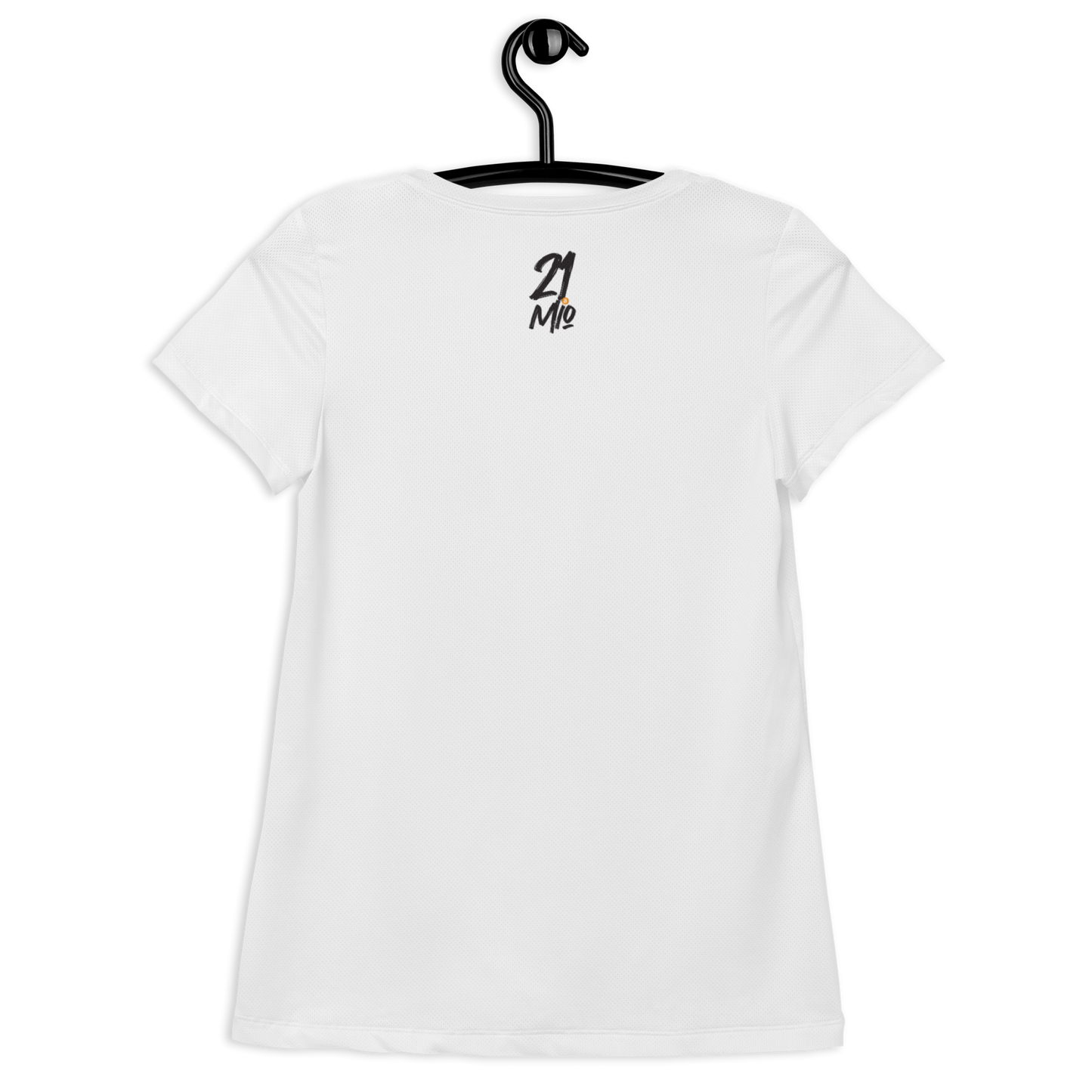 Back view of a white bitcoin athletic shirt for women.