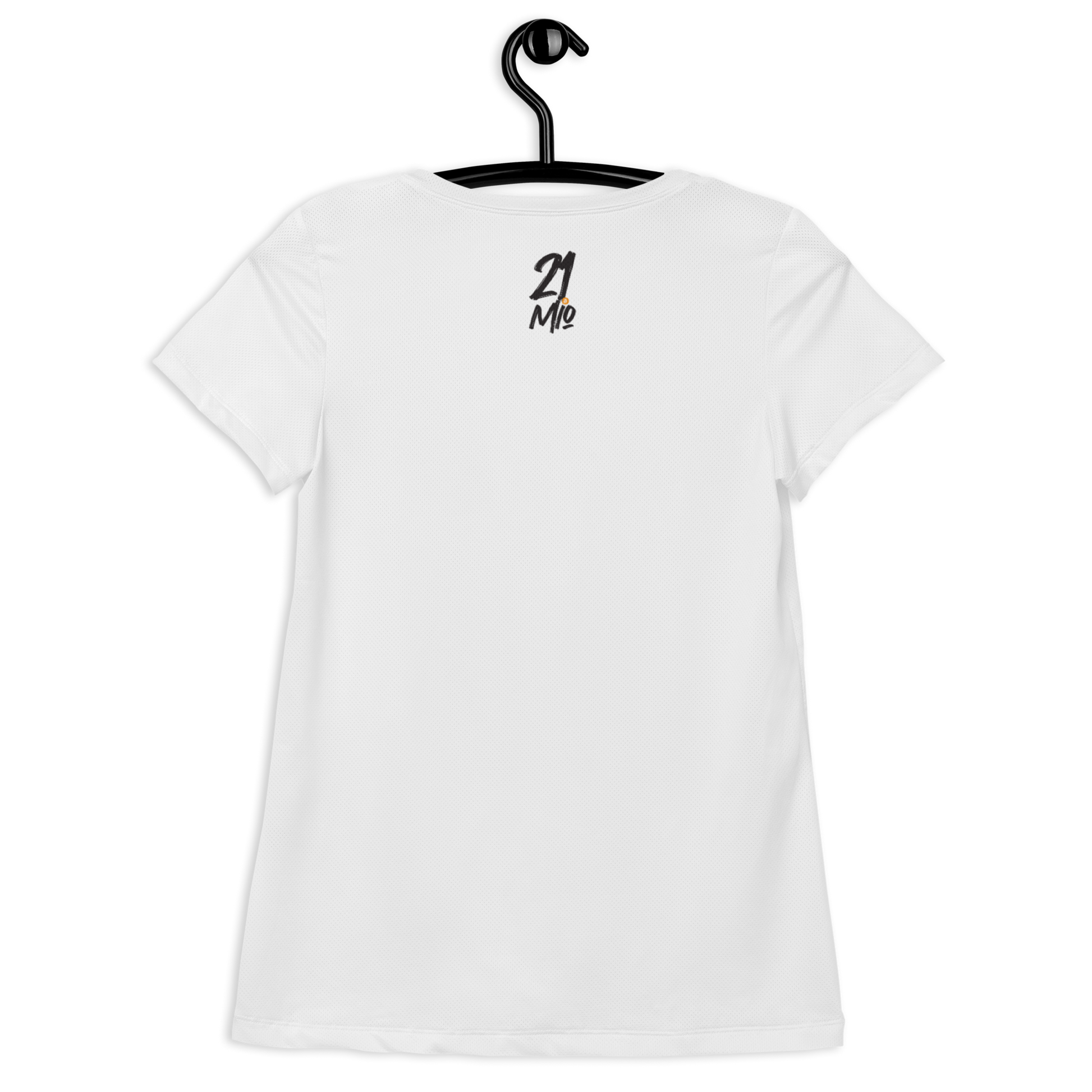 Back view of a white bitcoin athletic shirt for women.