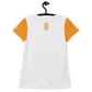 Back view of a white and orange bitcoin athletic shirt for women.