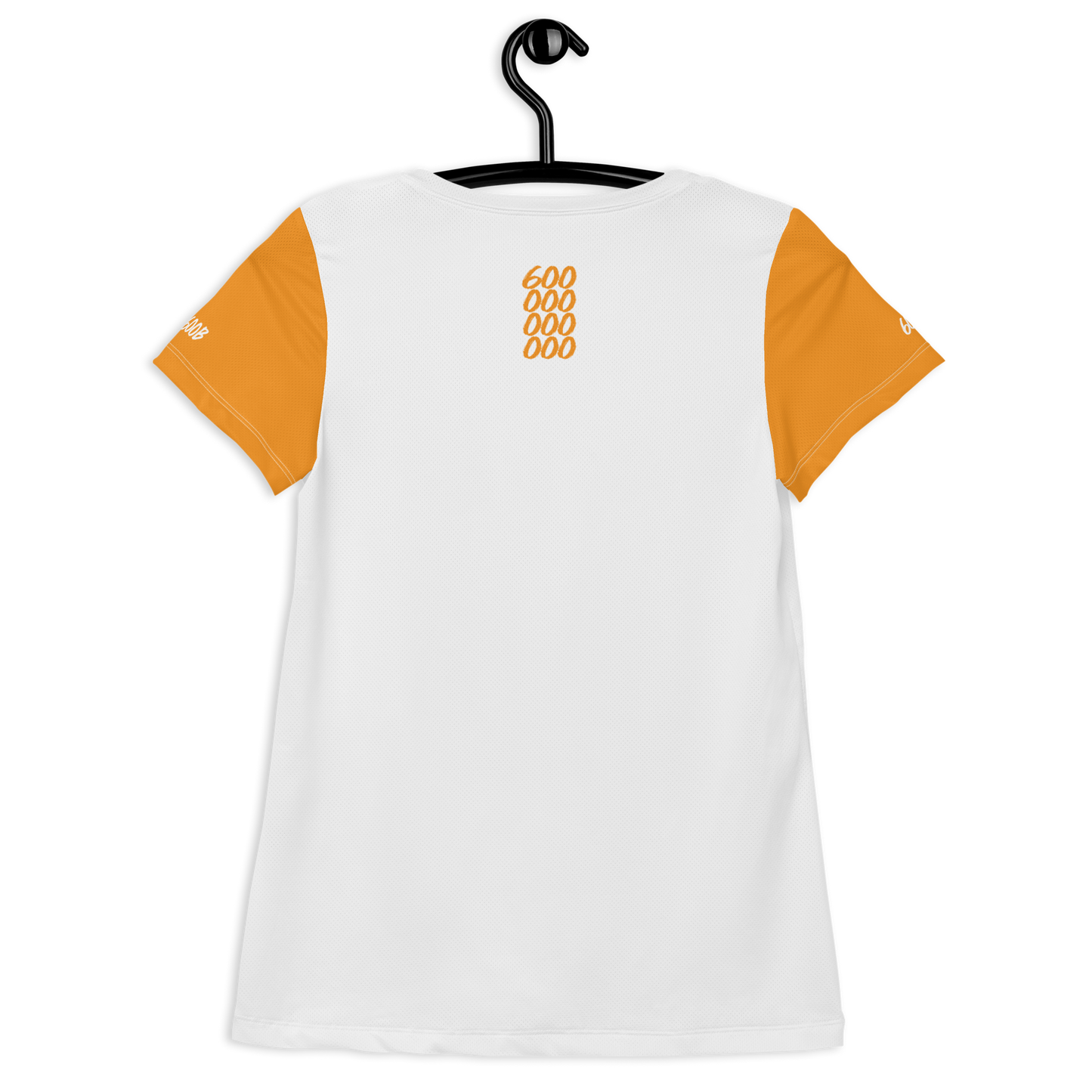 Back view of a white and orange bitcoin athletic shirt for women.