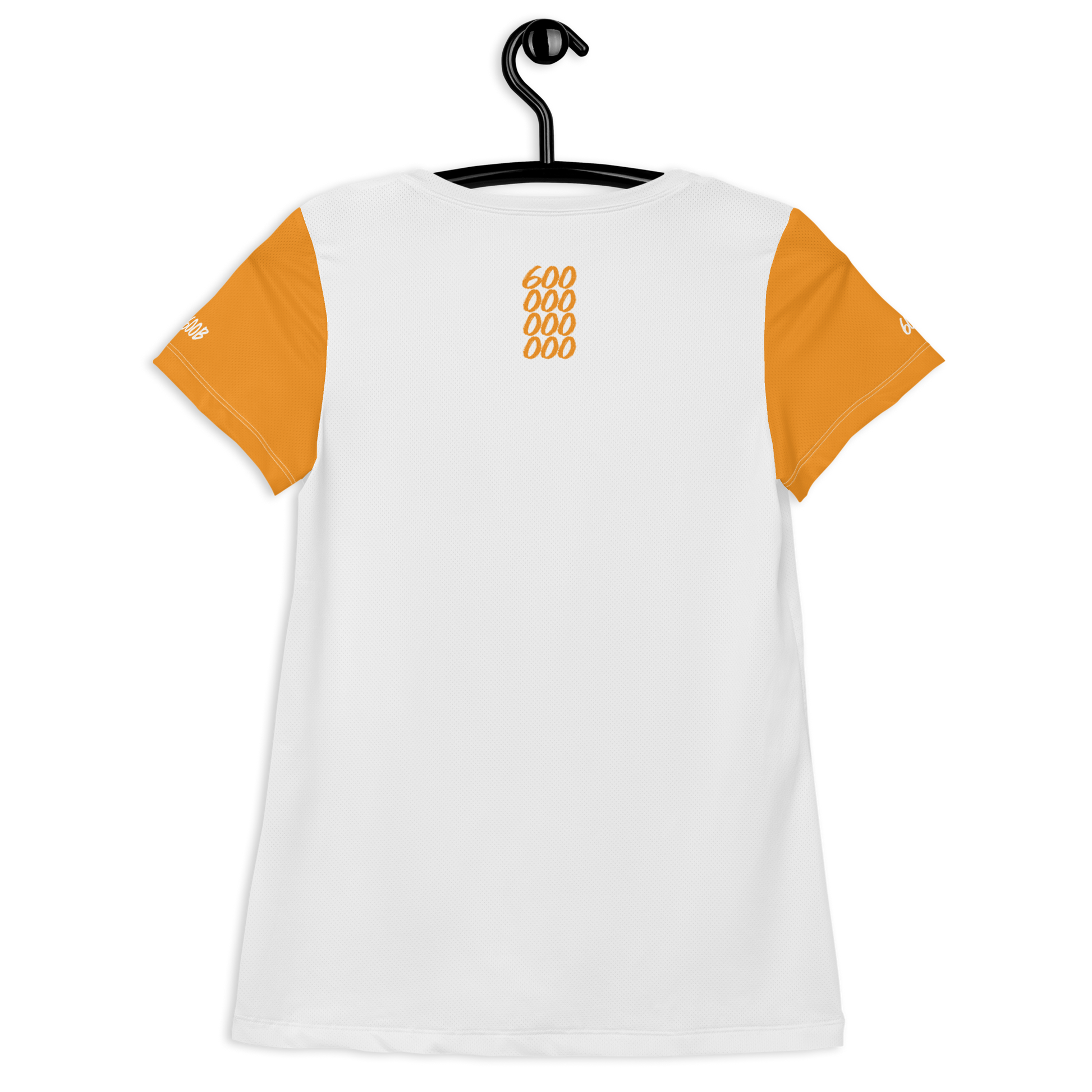 Back view of a white and orange bitcoin athletic shirt for women.