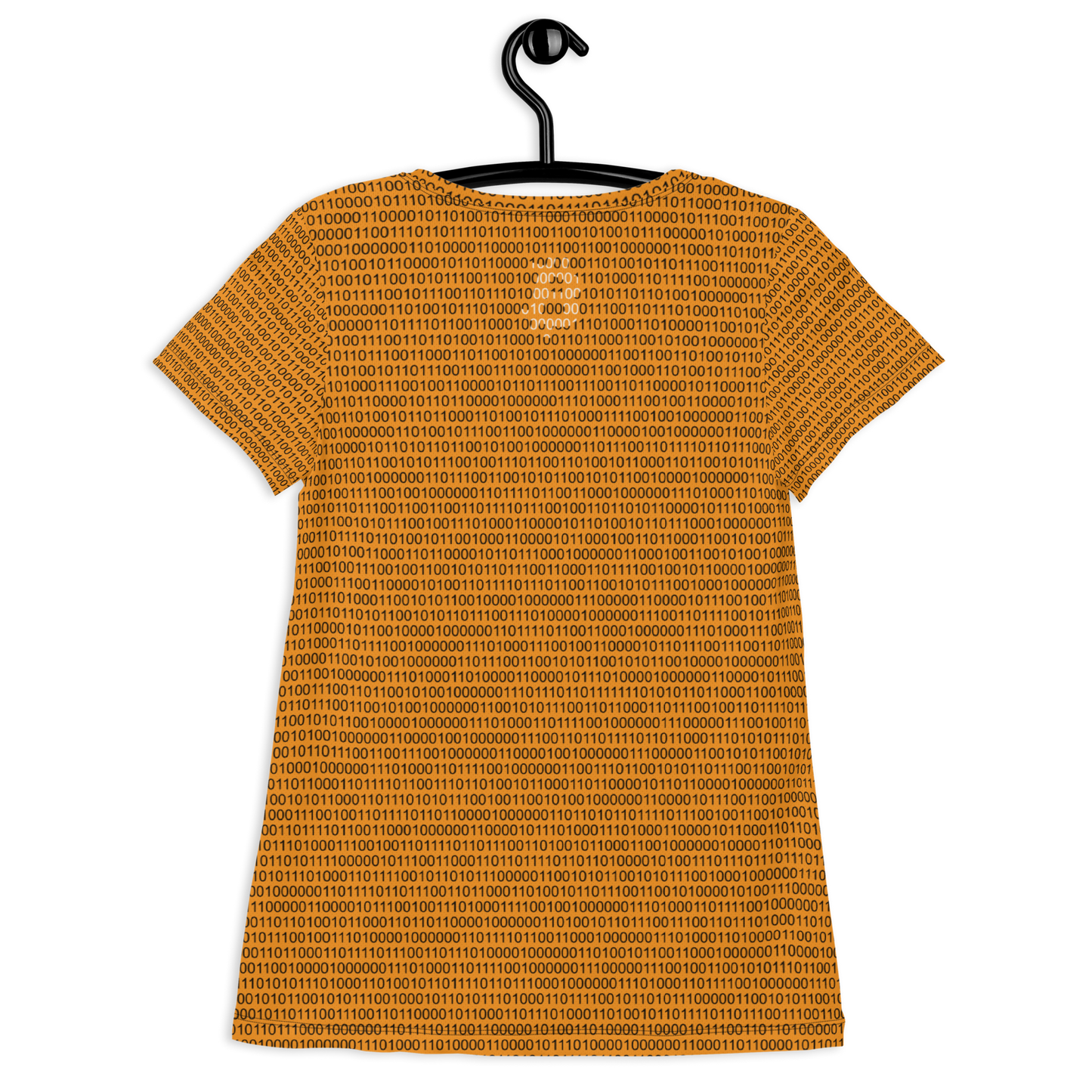 Back view of an orange bitcoin athletic shirt for women.