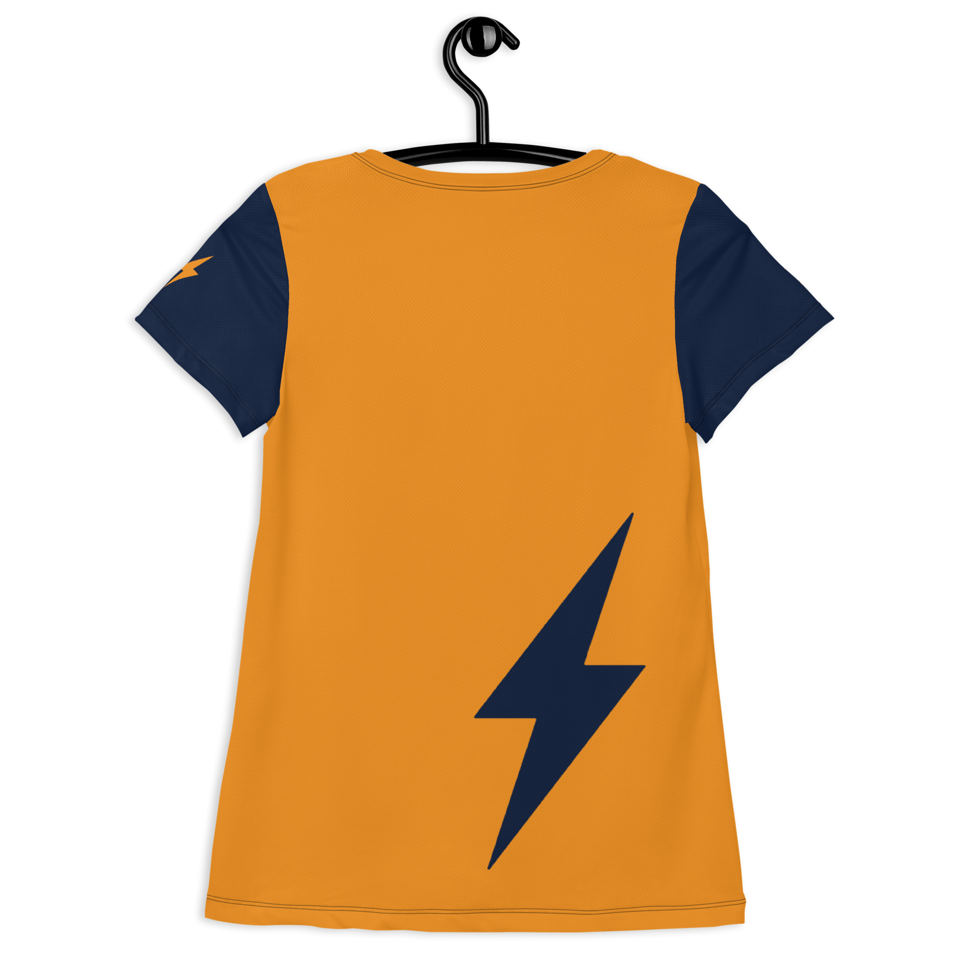 Back view of an orange and navy blue bitcoin athletic shirt for women.