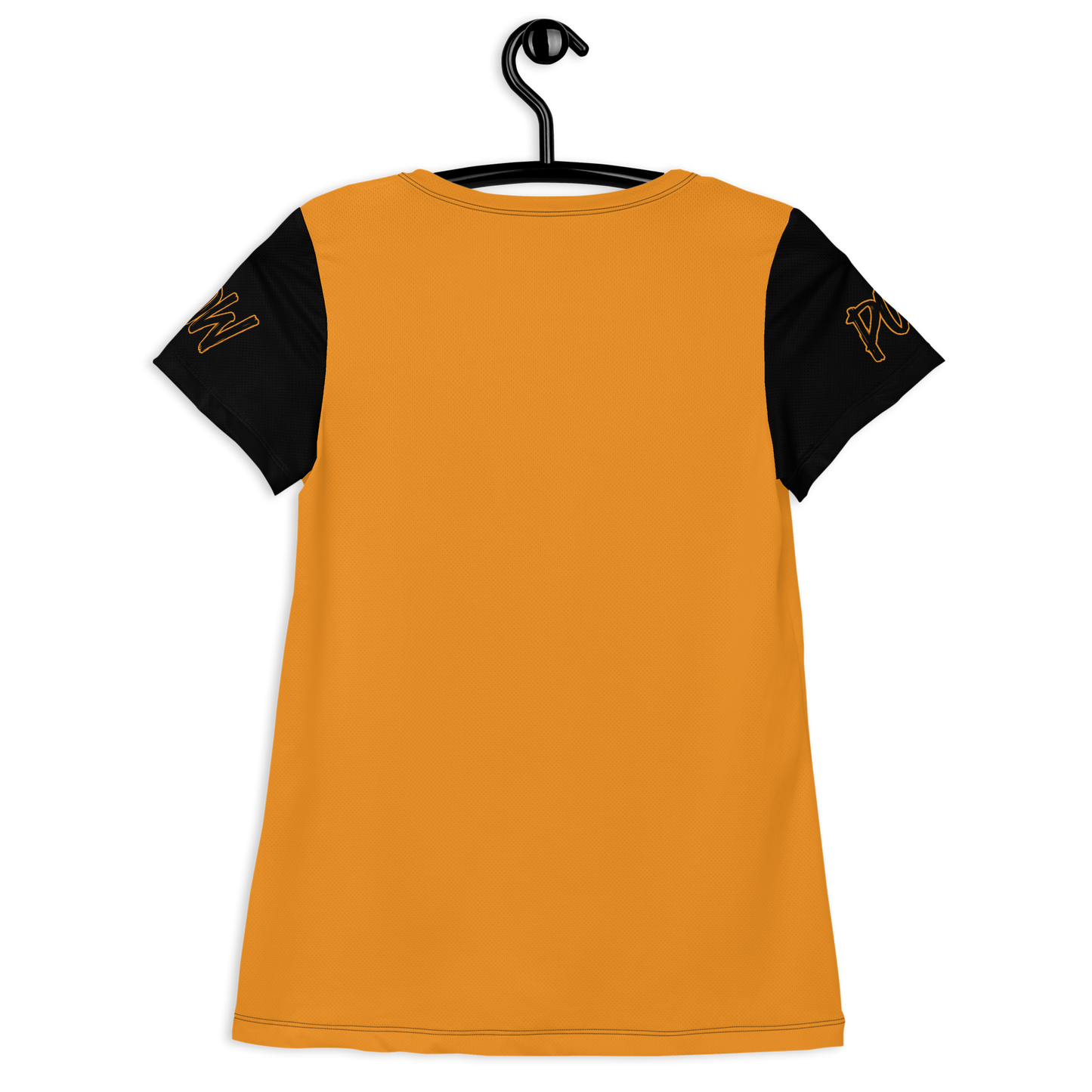 Back view of an orange and black bitcoin athletic shirt for women.