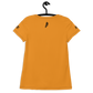 Back view of an orange bitcoin athletic shirt for women.