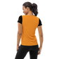 Back  view of a woman wearing an orange and black bitcoin athletic shirt for women.