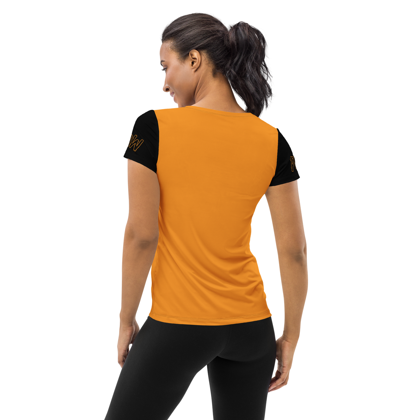 Back  view of a woman wearing an orange and black bitcoin athletic shirt for women.