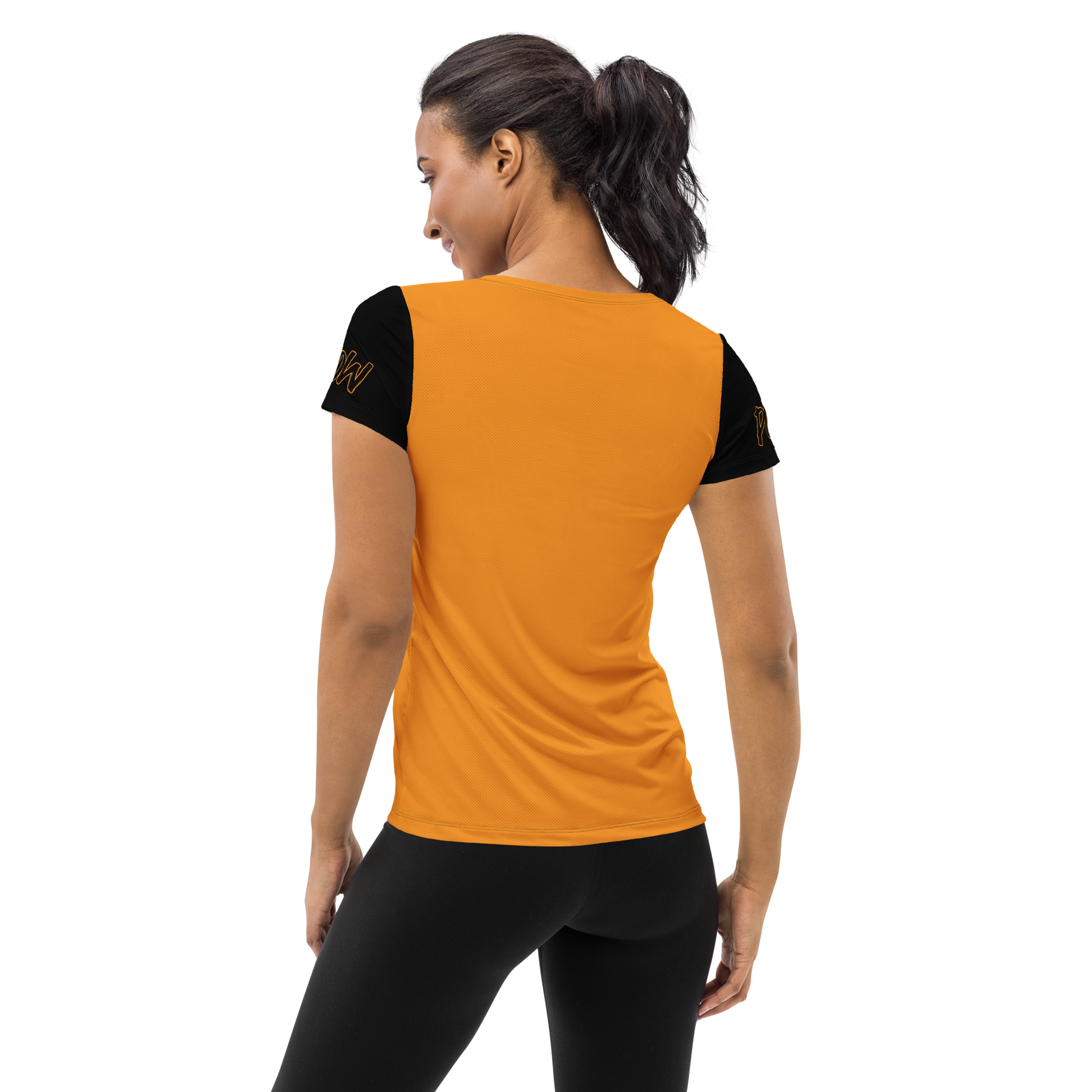 Back  view of a woman wearing an orange and black bitcoin athletic shirt for women.