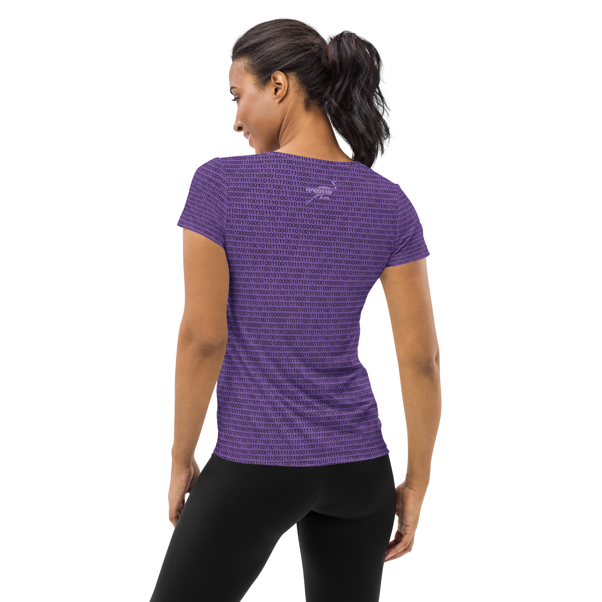 Back view of a woman wearing a purple nostr athletic shirt for women.