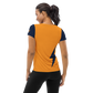 Back view of a woman wearing an orange and navy blue bitcoin athletic shirt for women.