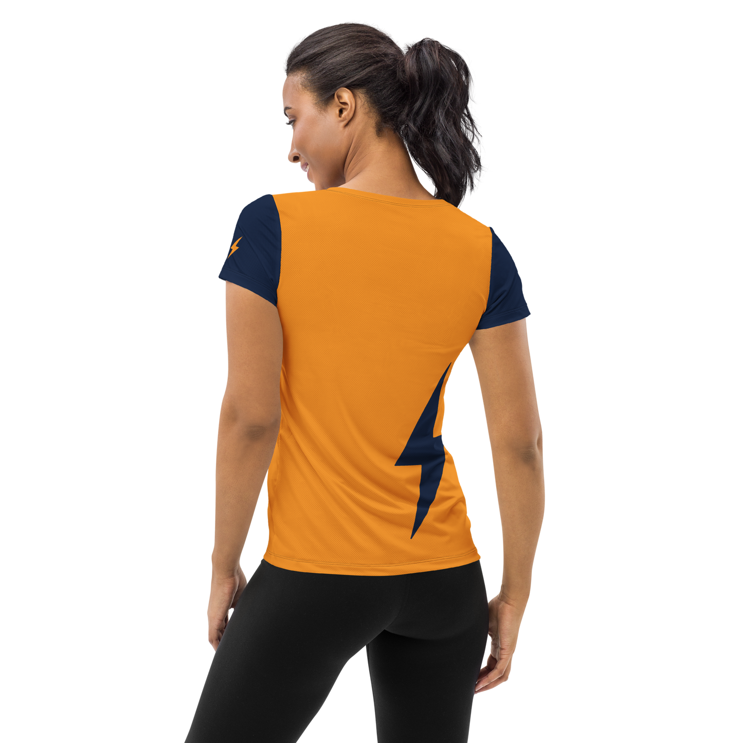 Back view of a woman wearing an orange and navy blue bitcoin athletic shirt for women.