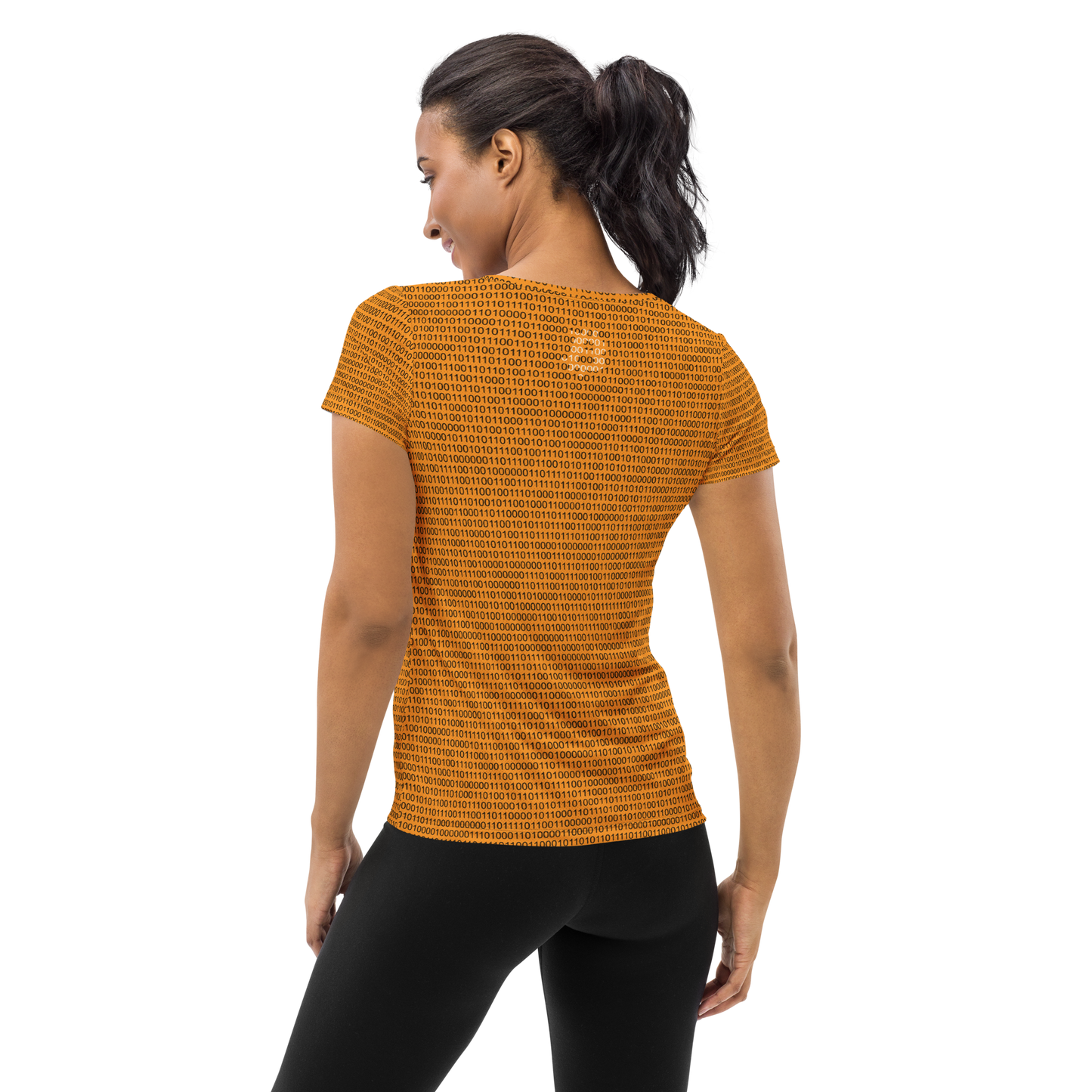 Back view of a woman wearing an orange bitcoin athletic shirt for women.