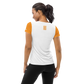 Back view of a woman wearing a white and orange bitcoin athletic shirt for women.