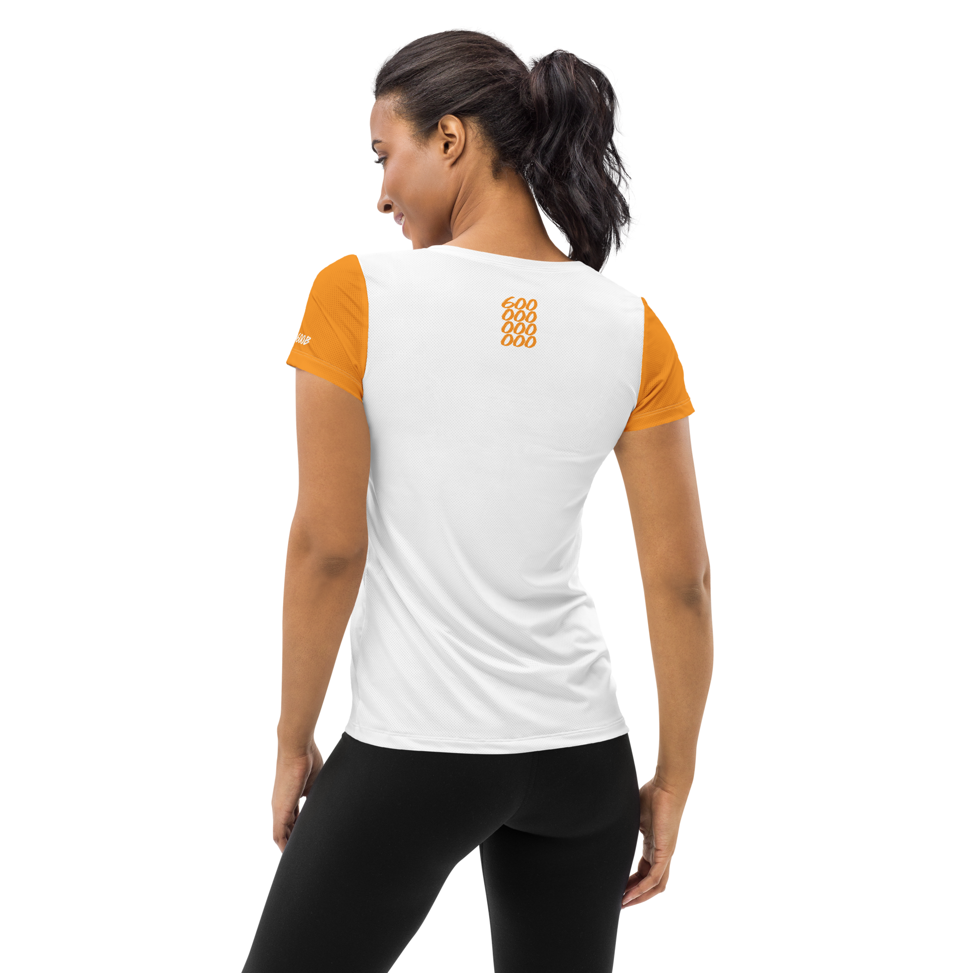 Back view of a woman wearing a white and orange bitcoin athletic shirt for women.