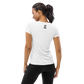 Back view of a woman wearing a white bitcoin athletic shirt for women.