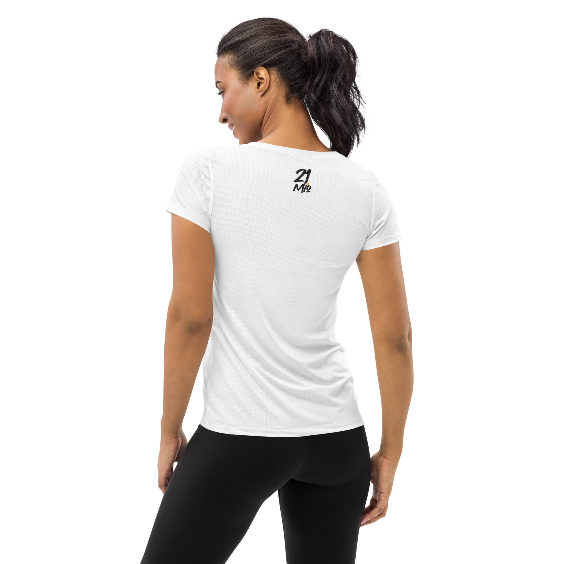 Back view of a woman wearing a white bitcoin athletic shirt for women.