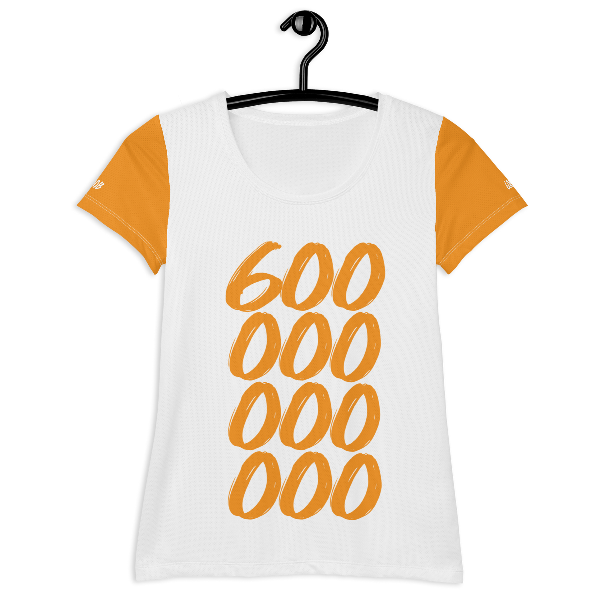 Front view of a white and orange bitcoin athletic shirt for women.