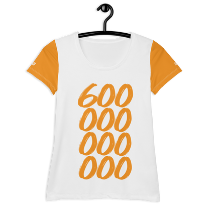 Front view of a white and orange bitcoin athletic shirt for women.