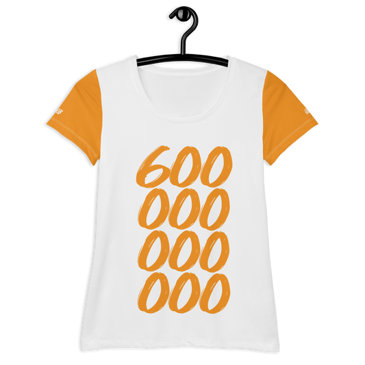 Front view of a white and orange bitcoin athletic shirt for women.