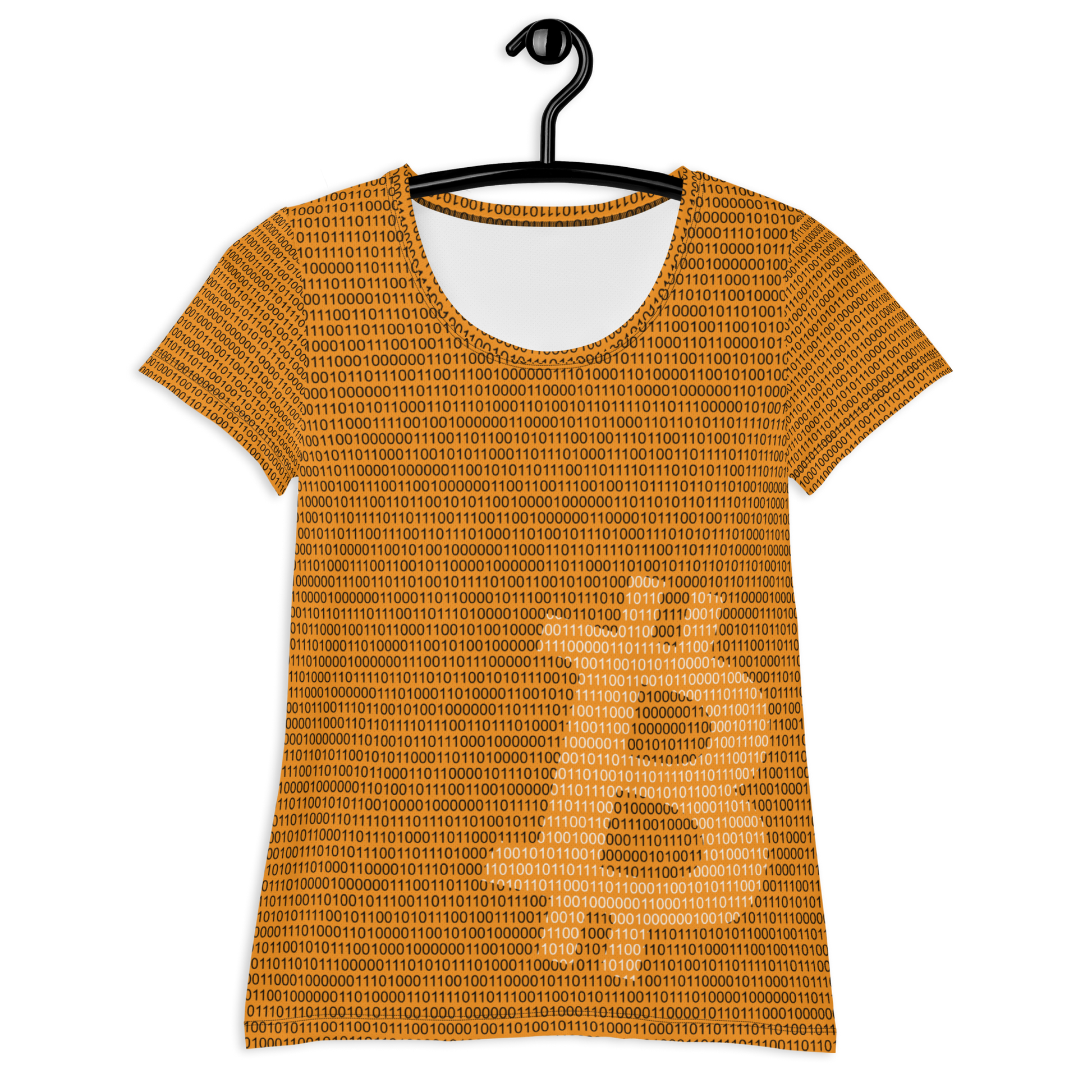 Front view of an orange bitcoin athletic shirt for women.