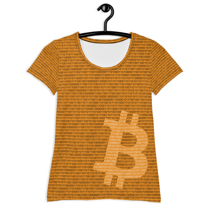 Front view of an orange bitcoin athletic shirt for women.