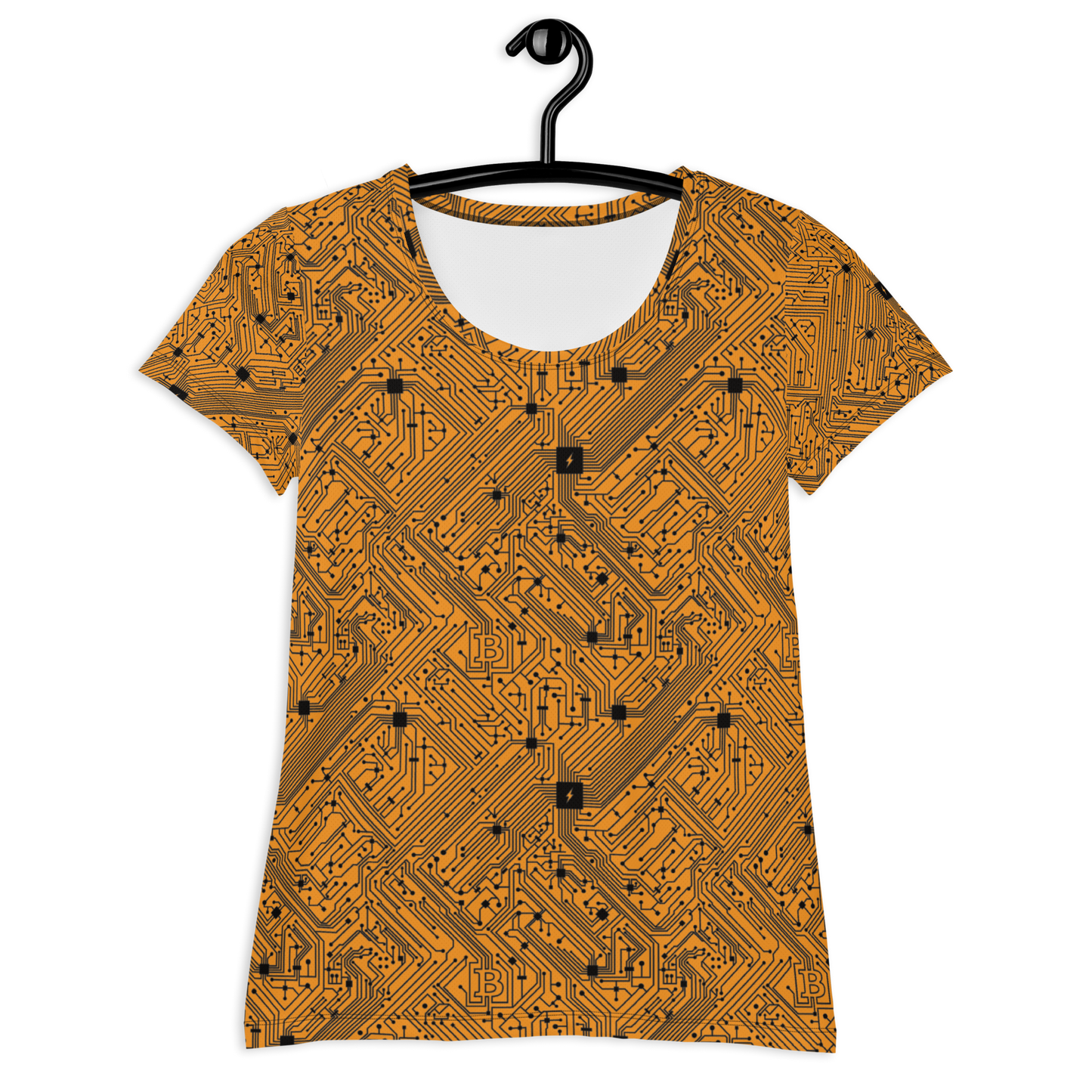 Front view of an orange bitcoin athletic shirt for women.