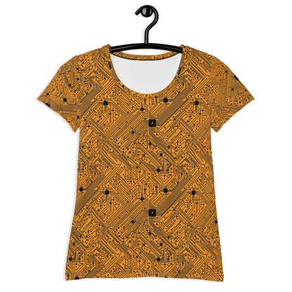 Front view of an orange bitcoin athletic shirt for women.