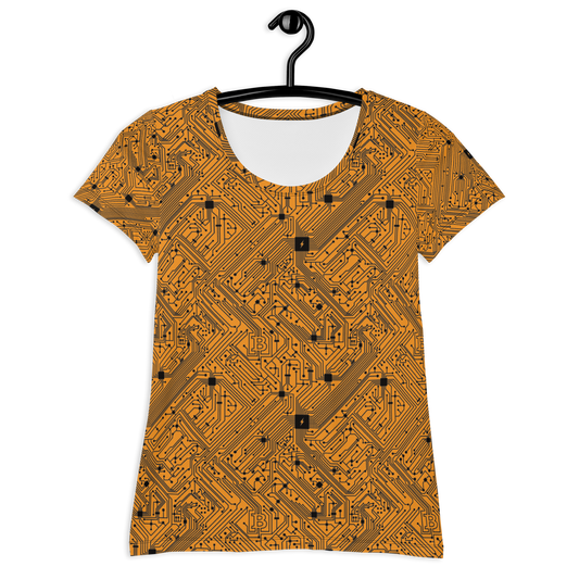 Front view of an orange bitcoin athletic shirt for women.