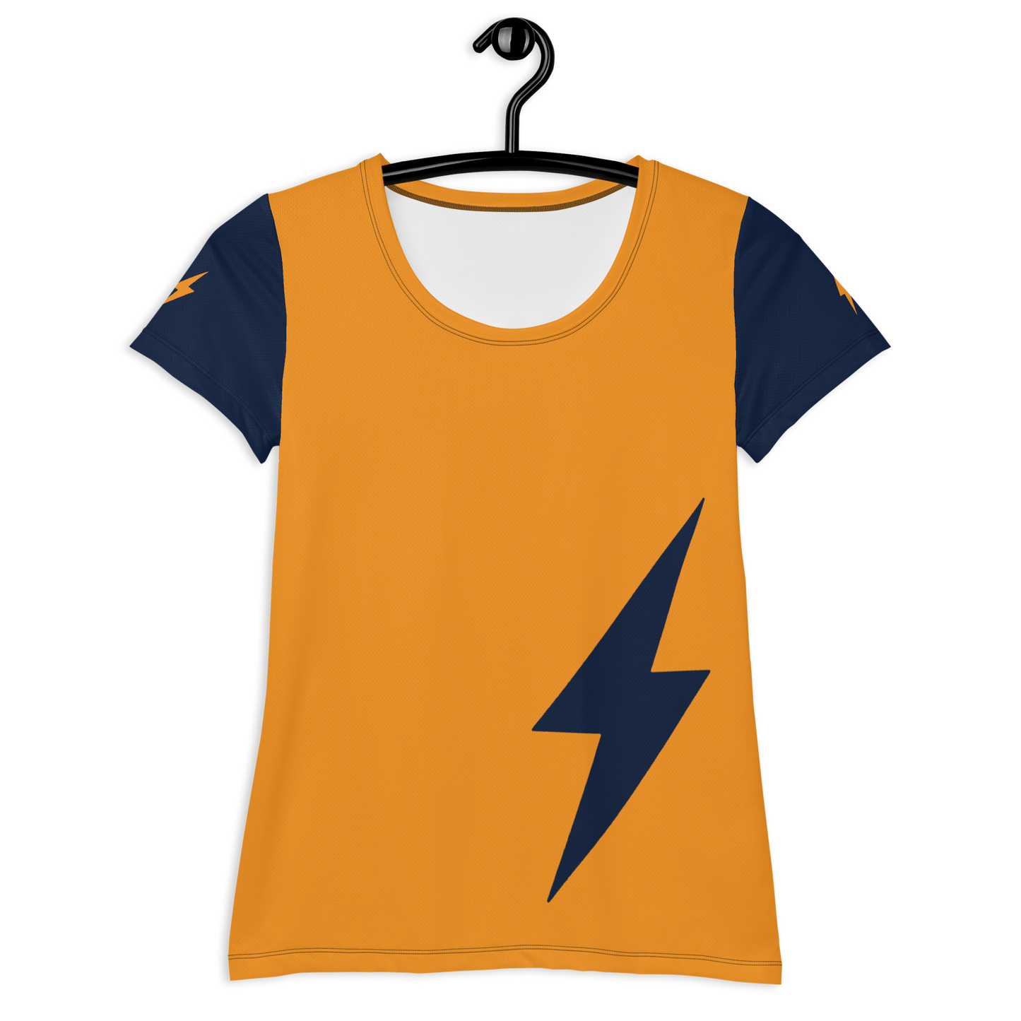 Front view of an orange and navy blue bitcoin athletic shirt for women.