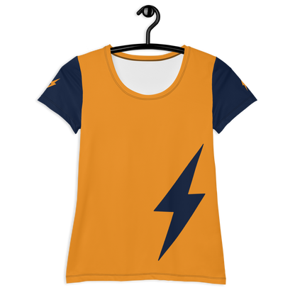 Front view of an orange and navy blue bitcoin athletic shirt for women.