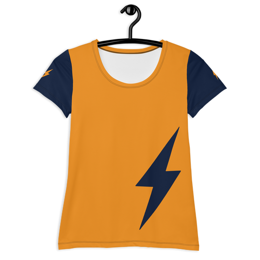 Front view of an orange and navy blue bitcoin athletic shirt for women.